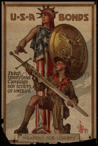 3t0527 USA BONDS 20x30 WWI war poster 1918 Leyendecker art of Boy Scout giving sword to Lady Liberty!