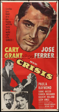 3w0376 CRISIS 3sh 1950 great huge headshot artwork of Cary Grant, plus Paula Raymond & Jose Ferrer!