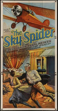 3w0480 SKY SPIDER 3sh 1931 art of mail pilot Glenn Tryon & Blanche Mehaffey fleeing explosion, rare!