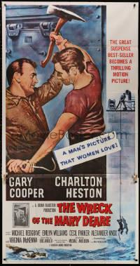 3w0511 WRECK OF THE MARY DEARE 3sh 1959 super close artwork of Gary Cooper fighting Charlton Heston!