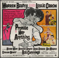 3w0195 PROMISE HER ANYTHING 6sh 1966 art of Warren Beatty w/fingers crossed & pretty Leslie Caron!