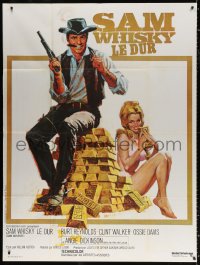 3w1393 SAM WHISKEY French 1p 1971 Allison art of Burt Reynolds & Angie Dickinson by pile of gold!