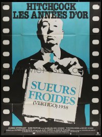 3w1429 VERTIGO French 1p R1983 great full-length image of Alfred Hitchcock holding clapboard!