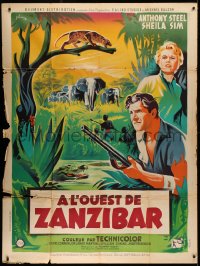 3w1436 WEST OF ZANZIBAR style A French 1p 1954 Grinsson art of Anthony Steel & Sheila Sim in Africa, rare!