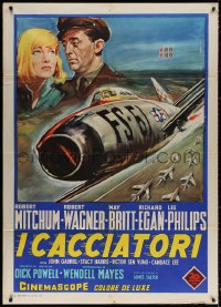 3w1064 HUNTERS Italian 1p 1960 different art of Robert Mitchum, May Britt & fighter jets, very rare!