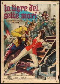 3w0330 TIGER OF THE SEVEN SEAS Italian 1p 1962 Deseta art of female pirate fighting man on ship!