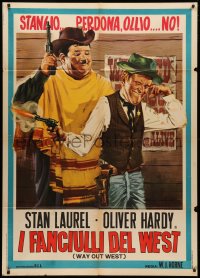 3w1140 WAY OUT WEST Italian 1p R1960s different art of cowboys Laurel & Hardy by wanted poster!