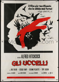 3w0887 BIRDS Italian 2p R1970s cool different art of Alfred Hitchcock profile & Tandy attacked!