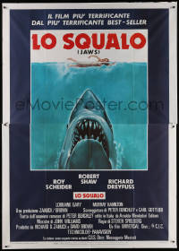 3w0080 JAWS Italian 2p 1975 art of Spielberg's classic man-eating shark attacking sexy swimmer!