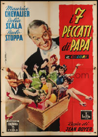 3w0951 MY SEVEN LITTLE SINS Italian 2p 1954 Deseta art of Maurice Chevalier & sexy girls in basket!