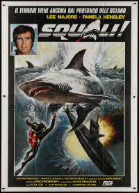 3w0975 SIX MILLION DOLLAR MAN: SHARKS Italian 2p 1979 Lee Majors, art of scuba diver with huge shark!