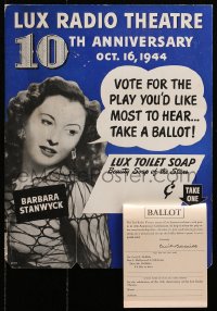 3w0517 LUX RADIO THEATER 11x14 display 1944 Barbara Stanwyck says vote for the play you want to hear