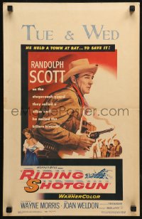 3w0828 RIDING SHOTGUN WC 1954 great image of stagecoach guard Randolph Scott with smoking gun!