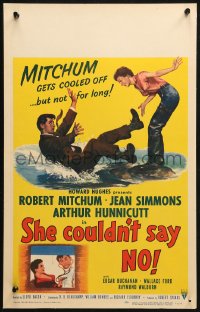 3w0838 SHE COULDN'T SAY NO WC 1954 sexy short-haired Jean Simmons by Dr. Robert Mitchum falling!