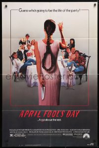 3x0653 APRIL FOOL'S DAY 1sh 1986 wacky horror, great image of girl with knife & noose hair!