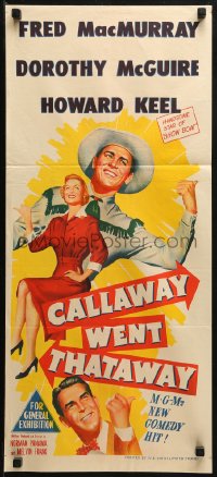 3x0340 CALLAWAY WENT THATAWAY Aust daybill 1951 art of MacMurray, Dorothy McGuire & Howard Keel!