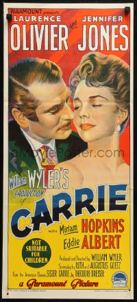 3x0348 CARRIE Aust daybill 1953 William Wyler, Richardson Studio art of Olivier & Jones, very rare!