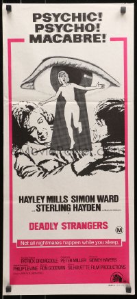 3x0366 DEADLY STRANGERS Aust daybill 1974 Simon Ward, Hayley Mills vs psychic psycho!