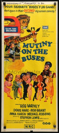 3x0475 MUTINY ON THE BUSES Aust daybill 1973 Hammer, wacky art of Reg Varney with two sexy ladies!