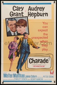 3x0717 CHARADE 1sh 1963 art of tough Cary Grant & sexy Audrey Hepburn, expect the unexpected!