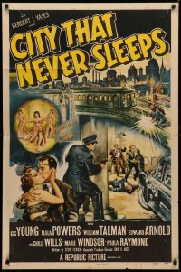 3x0724 CITY THAT NEVER SLEEPS 1sh 1953 great art of gunfight under elevated train in Chicago!