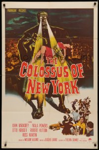 3x0736 COLOSSUS OF NEW YORK 1sh 1958 great art of robot monster holding sexy girl & attacking!