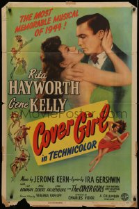 3x0748 COVER GIRL style B 1sh 1944 close-up of Rita Hayworth about to kiss Gene Kelly, ultra-rare!
