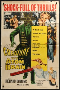 3x0750 CREATURE WITH THE ATOM BRAIN 1sh 1955 cool sci-fi art of dead man stalking his prey!