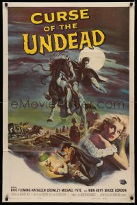 3x0759 CURSE OF THE UNDEAD 1sh 1959 art of fiend on horseback in graveyard by Reynold Brown!