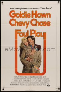3x0842 FOUL PLAY 1sh 1978 wacky Lettick art of Goldie Hawn & Chevy Chase, screwball comedy!