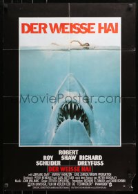 3x0165 JAWS German 1975 art of Steven Spielberg's classic man-eating shark attacking sexy swimmer!