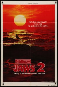 3x0935 JAWS 2 style B teaser 1sh 1978 classic art of man-eating shark's fin in red water at sunset!