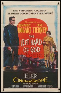 3x0964 LEFT HAND OF GOD 1sh 1955 art of priest Humphrey Bogart with gun + sexy Gene Tierney!