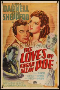 3x0996 LOVES OF EDGAR ALLAN POE 1sh 1942 Linda Darnell, Shepperd Strudwick as Poe, really cool art!
