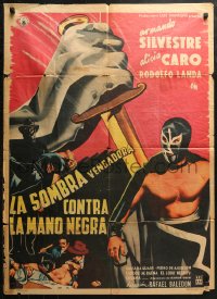 3x0061 LA SOMBRA VENGADORA CONTRA LA MANO NEGRA Mexican poster 1956 art of masked wrestler!
