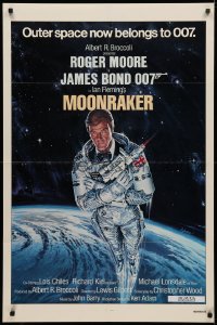 3x1037 MOONRAKER int'l 1sh 1979 art of Roger Moore as James Bond in space by Daniel Goozee!