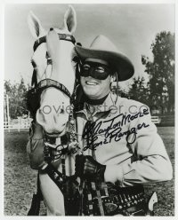 3y0798 CLAYTON MOORE signed 8x10 REPRO still 1980s great portrait as the Lone Ranger with Silver!