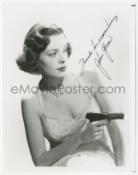 3y0845 JANE GREER signed 8x10 REPRO still 1980s great close portrait in lace nightie & pointing gun!