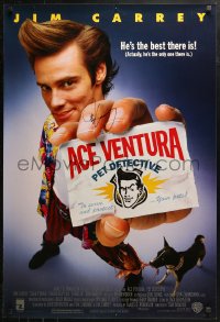 3y0007 ACE VENTURA PET DETECTIVE signed 1sh 1994 by Jim Carrey, his greatest comedy movie!