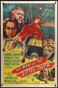 3y0158 MAN ON THE EIFFEL TOWER signed 1sh 1949 by Burgess Meredith, cool Paris France film noir art