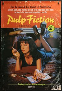 3y0002 PULP FICTION signed advance 1sh 1994 by Quentin Tarantino, Uma Thurman smoking Lucky Strikes!