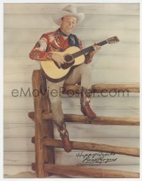 3y0182 ROY ROGERS signed 11x14 color REPRO photo 1980s great portrait on fence playing guitar!