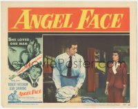 3z0528 ANGEL FACE LC #6 1953 Jean Simmons stares at Robert Mitchum packing his bag, Otto Preminger