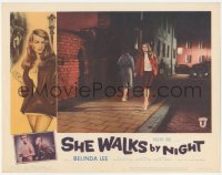 3z1180 SHE WALKS BY NIGHT LC #2 1960 sexy prostitute Belinda Lee walking the street!