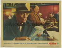 3z1382 WRONG MAN LC #6 1957 Alfred Hitchcock cameo reading newspaper behind smoking Henry Fonda!