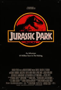 4a0930 JURASSIC PARK DS 1sh 1993 Steven Spielberg, classic logo with T-Rex over red background