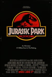 4a0929 JURASSIC PARK advance DS 1sh 1993 Steven Spielberg, logo with T-Rex over red background!