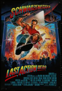 4a0941 LAST ACTION HERO 1sh 1993 cool Morgan art of Arnold Schwarzenegger crashing through screen!