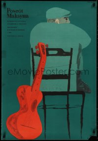4a0029 RETURN OF MAXIM Polish 23x33 1956 Vozvrashcheniye Maksima, Jan Lenica art of man and guitar!