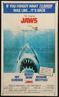 4a0284 JAWS Topps poster 1981 Steven Spielberg classic, man-eating shark attacking sexy swimmer!
